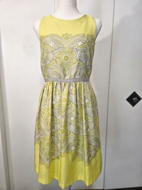 LOFT Yellow Paisley-Print Sleeveless Mini Dress with Gray Waist